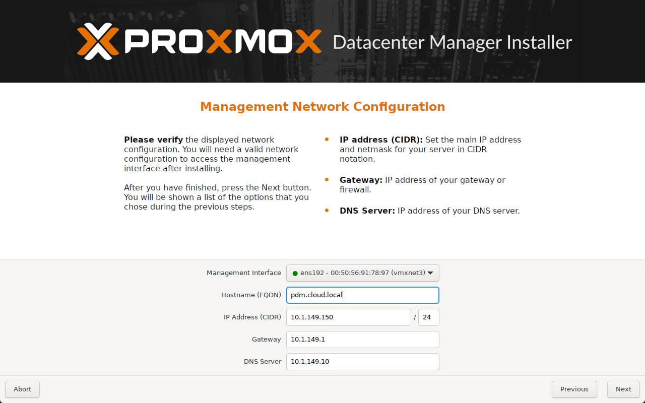 Configure your proxmox datacenter manager hostname ip address gateway and dns server