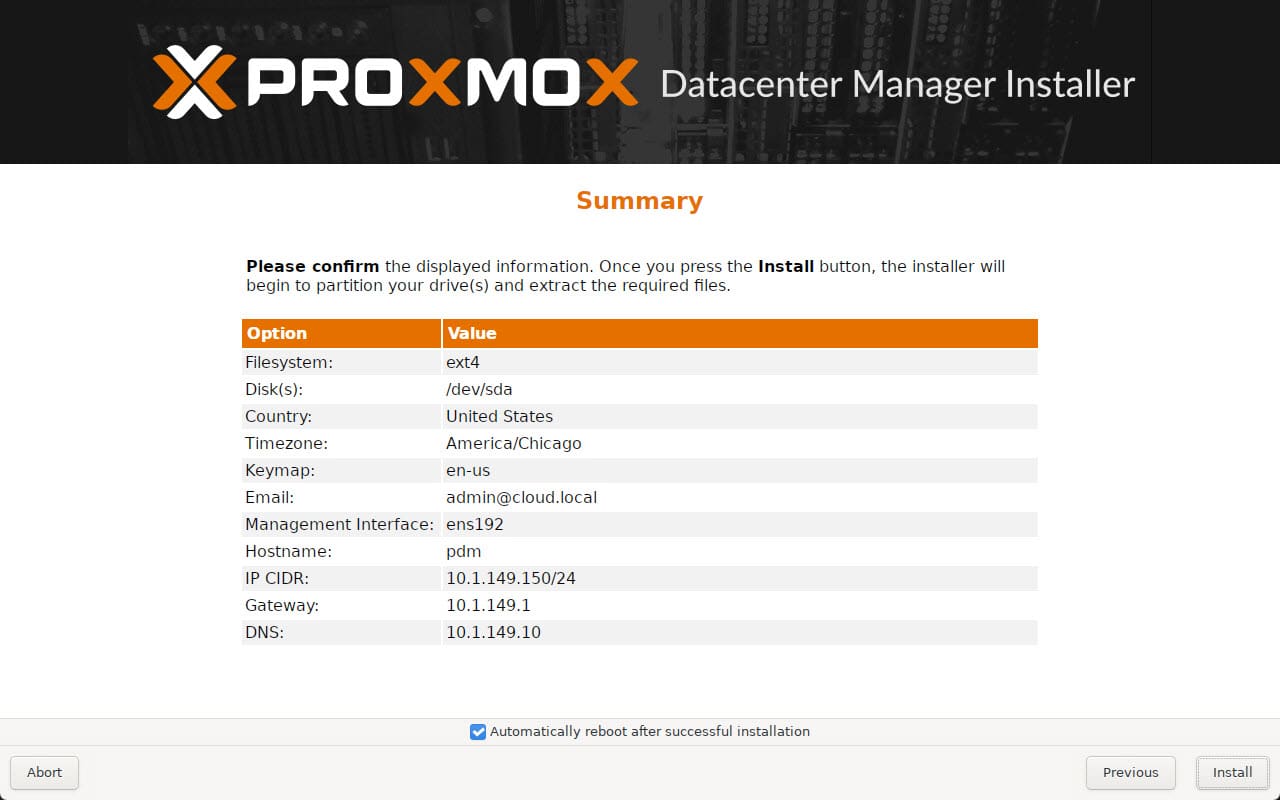 Proxmox datacenter manager installation summary