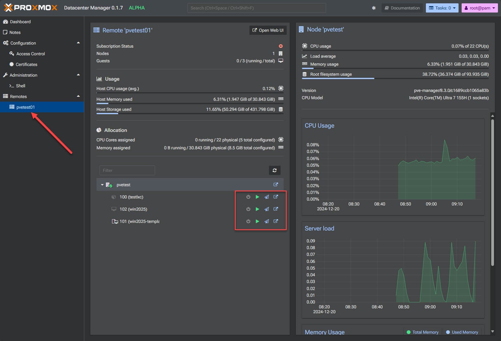 Viewing the remote proxmox node and virtual machine actions