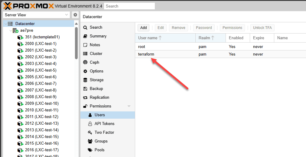 Add the terraform user in proxmox ve server