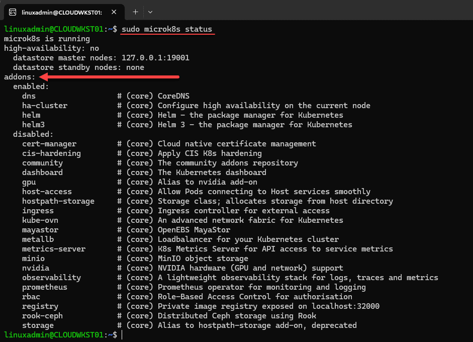 Getting the status of the microk8s kubernetes home lab