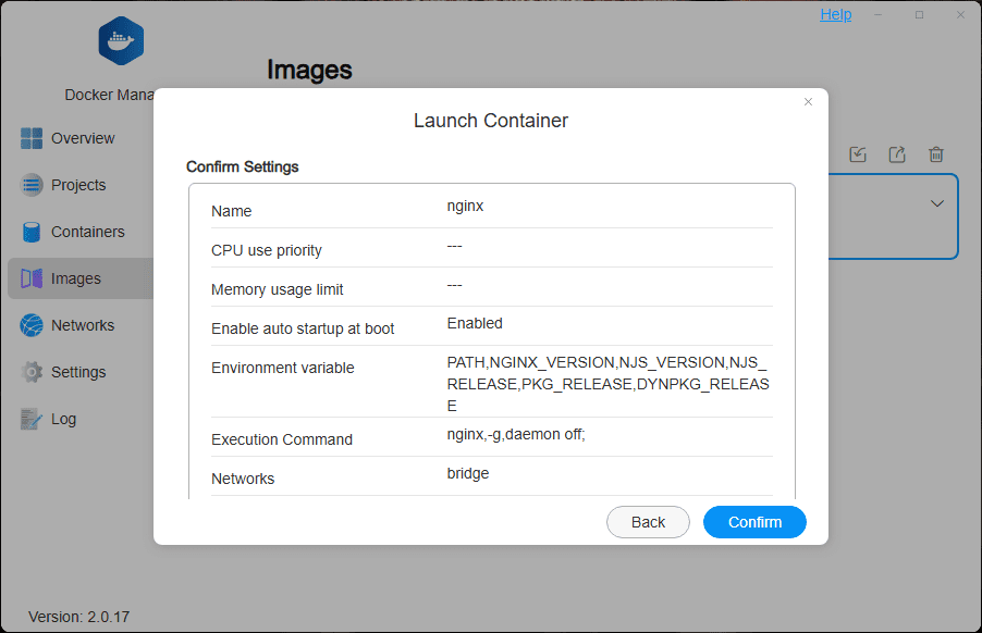 Confirm settings of the new docker container