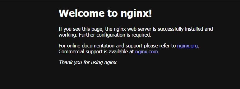 Nginx web page shows the container is up and running