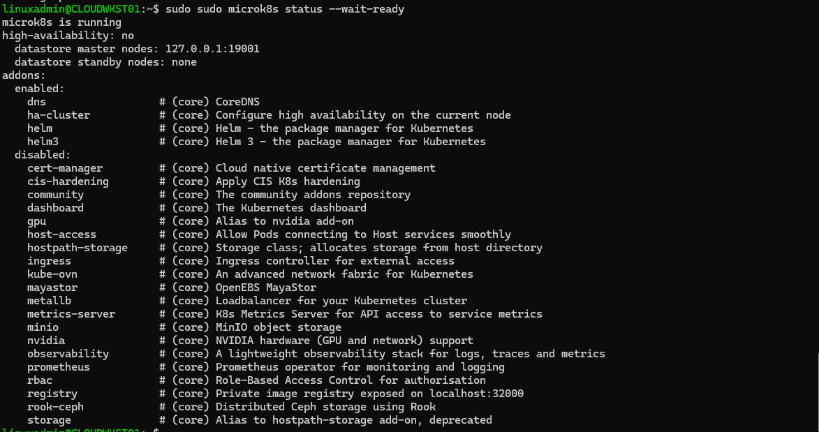 Running the microk8s wait ready command