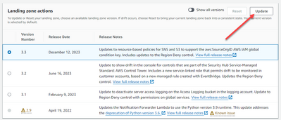 click the radio button of the control tower landing zone version you want to update to