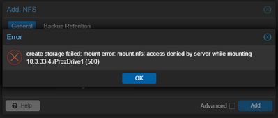 proxmox nfs access is denied error with nfs storage