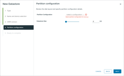 partition configuration shows 0 size for vmfs datastore