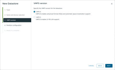 selecting vmfs 6 for the datastore