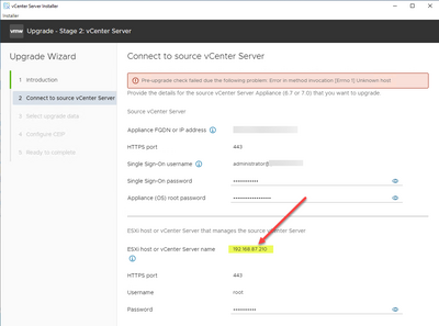 ip address used for the esxi host or vcenter server name that manages the appliance