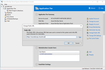 changing the public url for azure devops server and testing