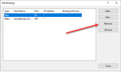 remove the port 80 binding for azure devops server