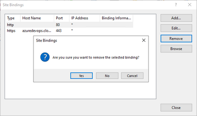 confirm you want to remove the port 80 binding from azure devops server