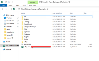 running the setup file on the veeam iso