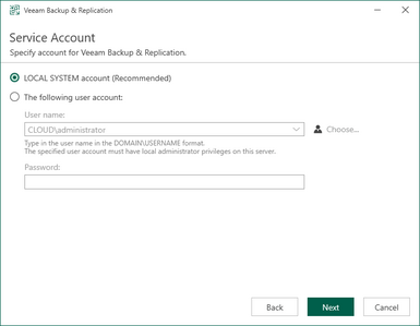 choose the service account for veeam backup and replication 12.3