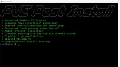 completed post install routine on proxmox ve server
